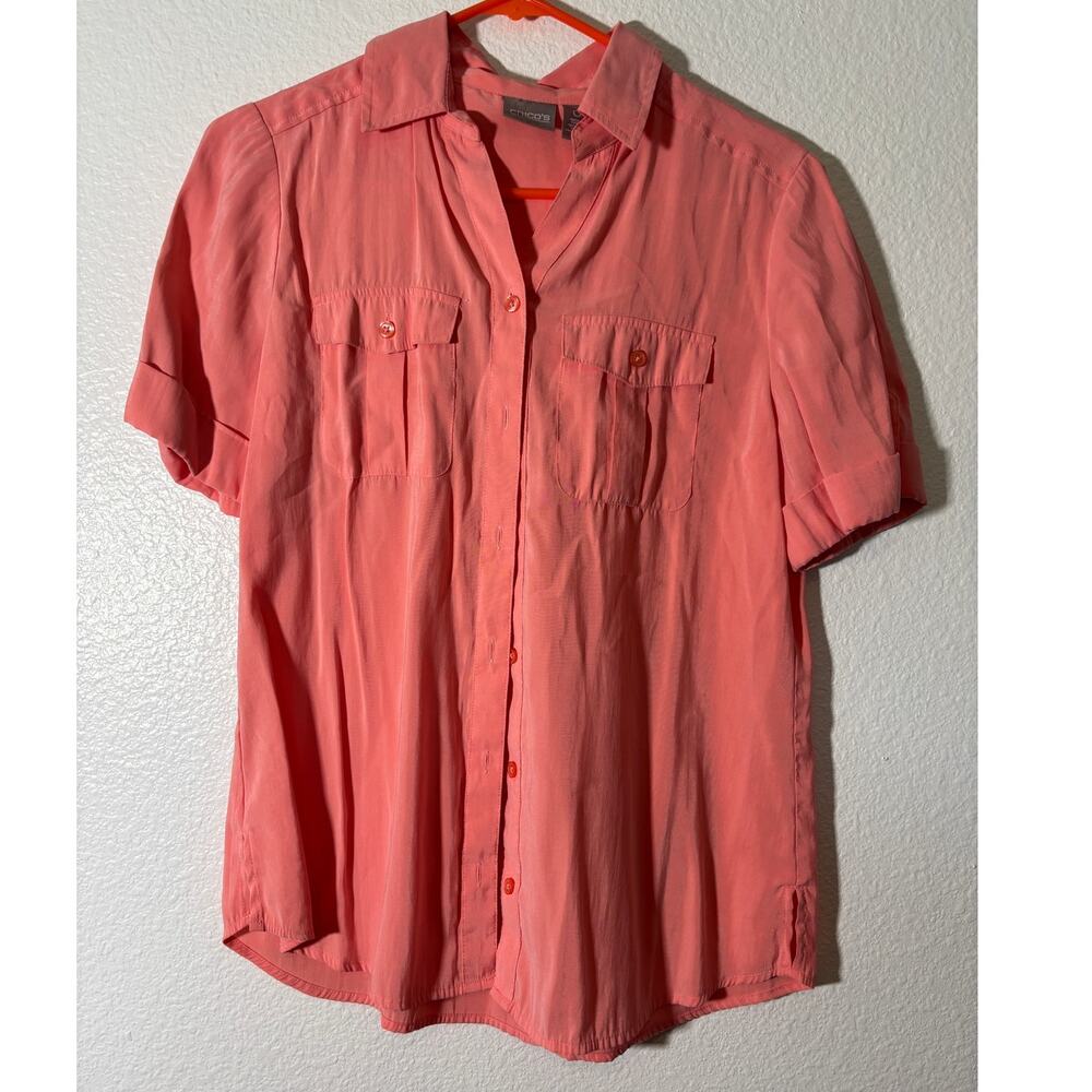 Chico's Size 0 (Small) Modal Blend Coral Button-Up Short Sleeve Pocket Top